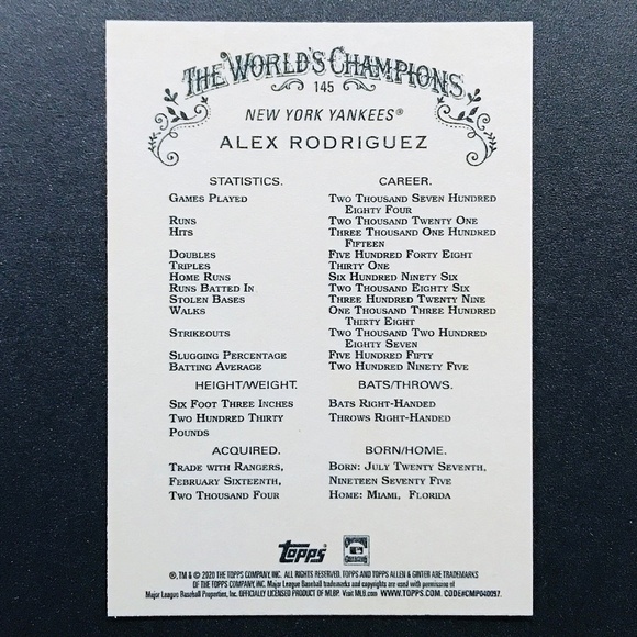 Alex Rodriguez - 2020 Topps Allen and Ginter #145 - Picture 2 of 2